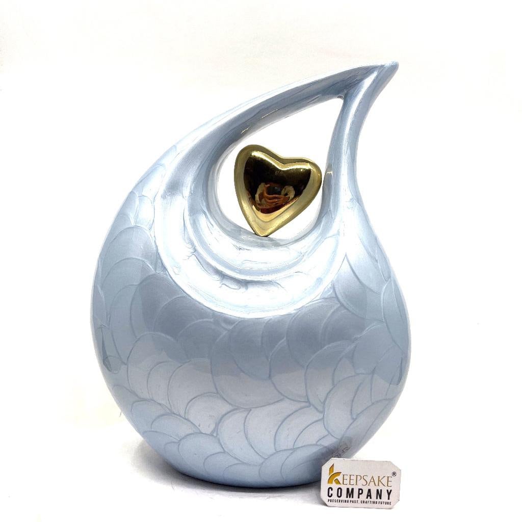 Keepsake Company's  Pearl LIght Blue Enamel  Adult teardrop Cremation Urn with 24 carat Gold plated brass heart For Human Ashes