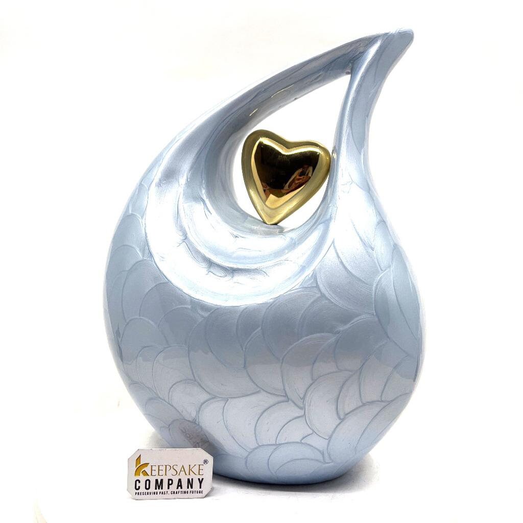 Keepsake Company's  Pearl LIght Blue Enamel  Adult teardrop Cremation Urn with 24 carat Gold plated brass heart For Human Ashes