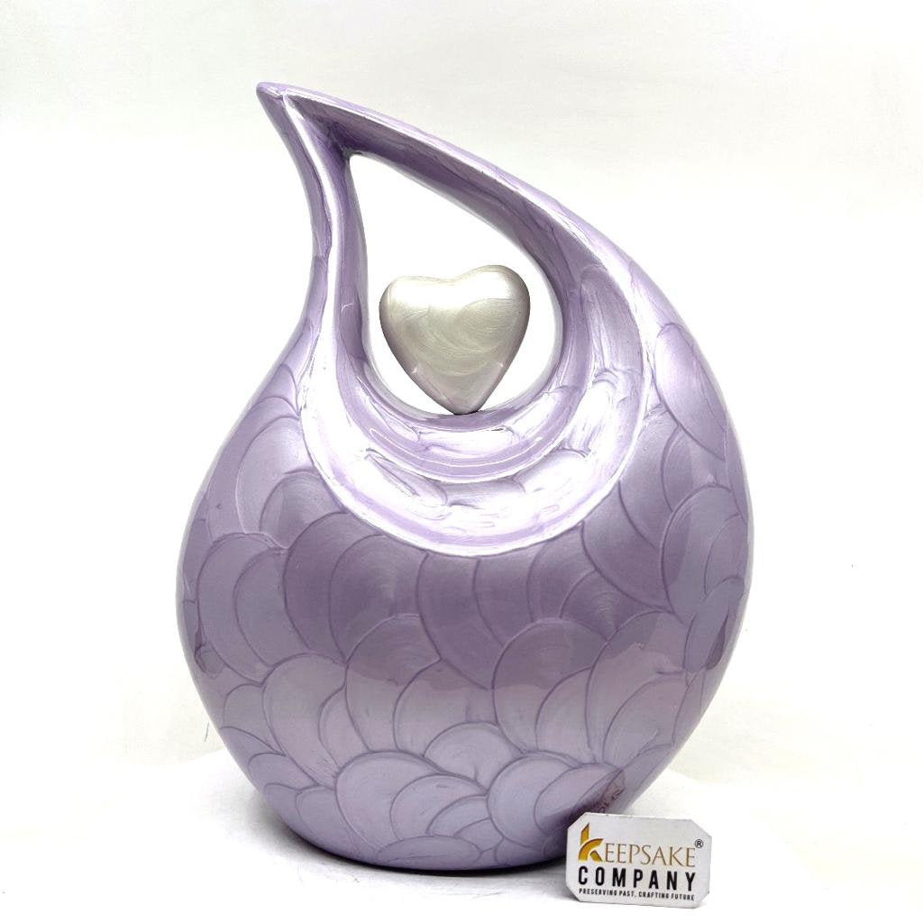 Purple Pearl teardrop Enamel Adult Cremation Urn with White Heart For Human Ashes by Keepsake Company