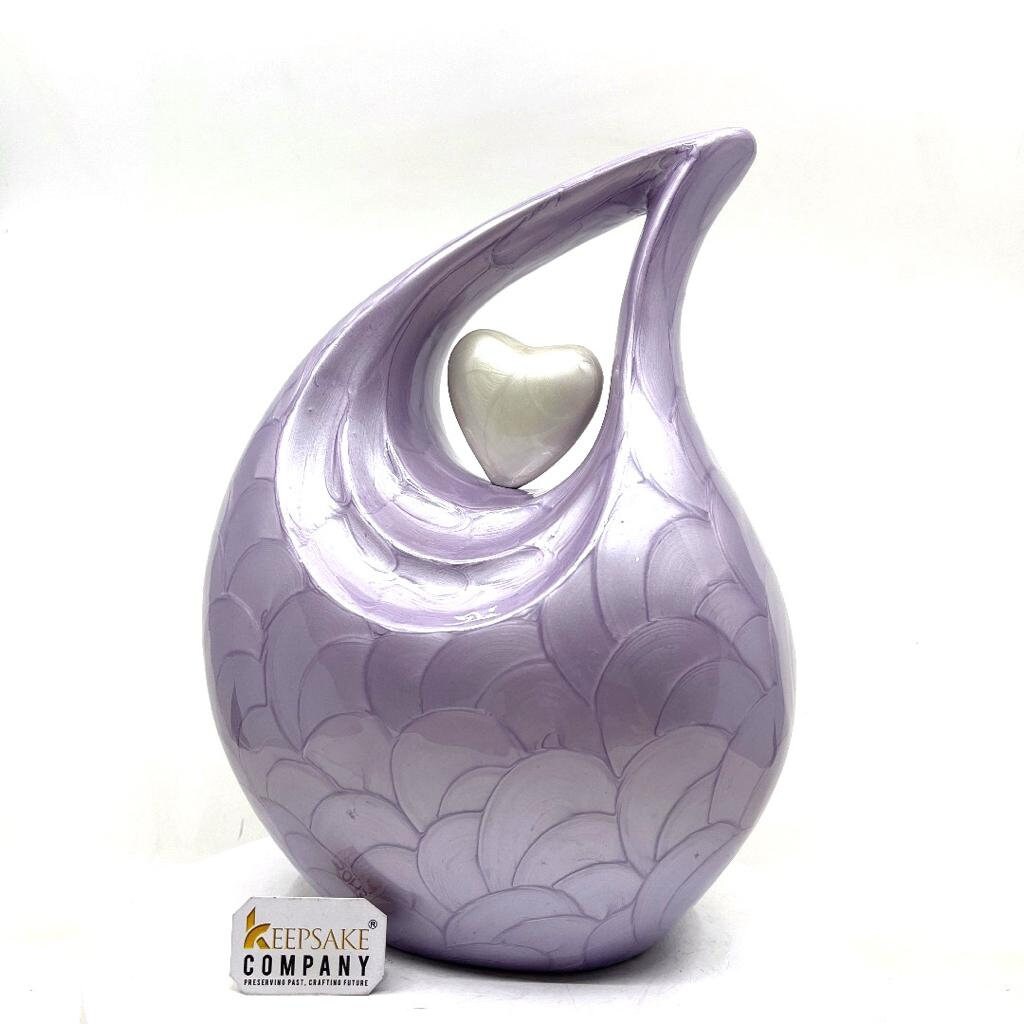 Purple Pearl teardrop Enamel Adult Cremation Urn with White Heart For Human Ashes by Keepsake Company