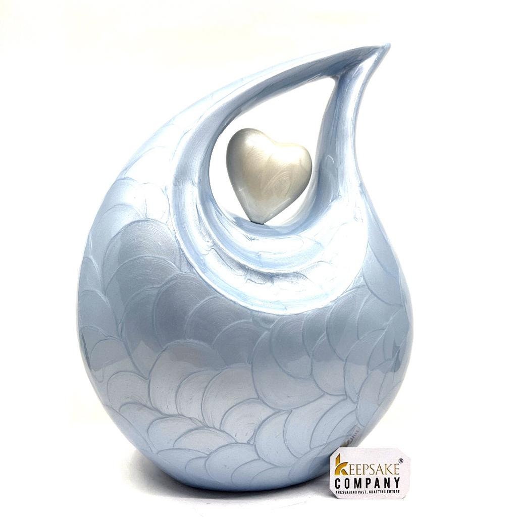 Light Blue Teardrop Enamel Adult Cremation Urn with White Heart For Human Ashes - Can be Engraved in Different Colours from Keepsake Company