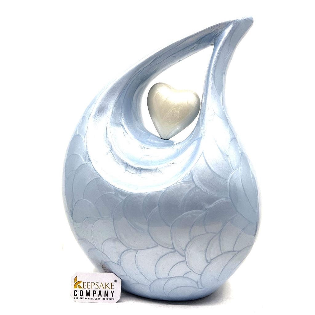 Light Blue Teardrop Enamel Adult Cremation Urn with White Heart For Human Ashes - Can be Engraved in Different Colours from Keepsake Company