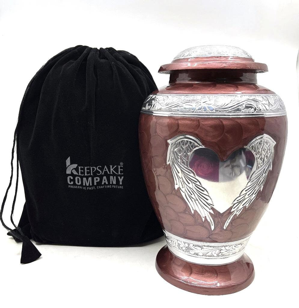 Keepsake Company's Dark Brown Enameled Adult cremation Urn with Angel Wing and Heart design