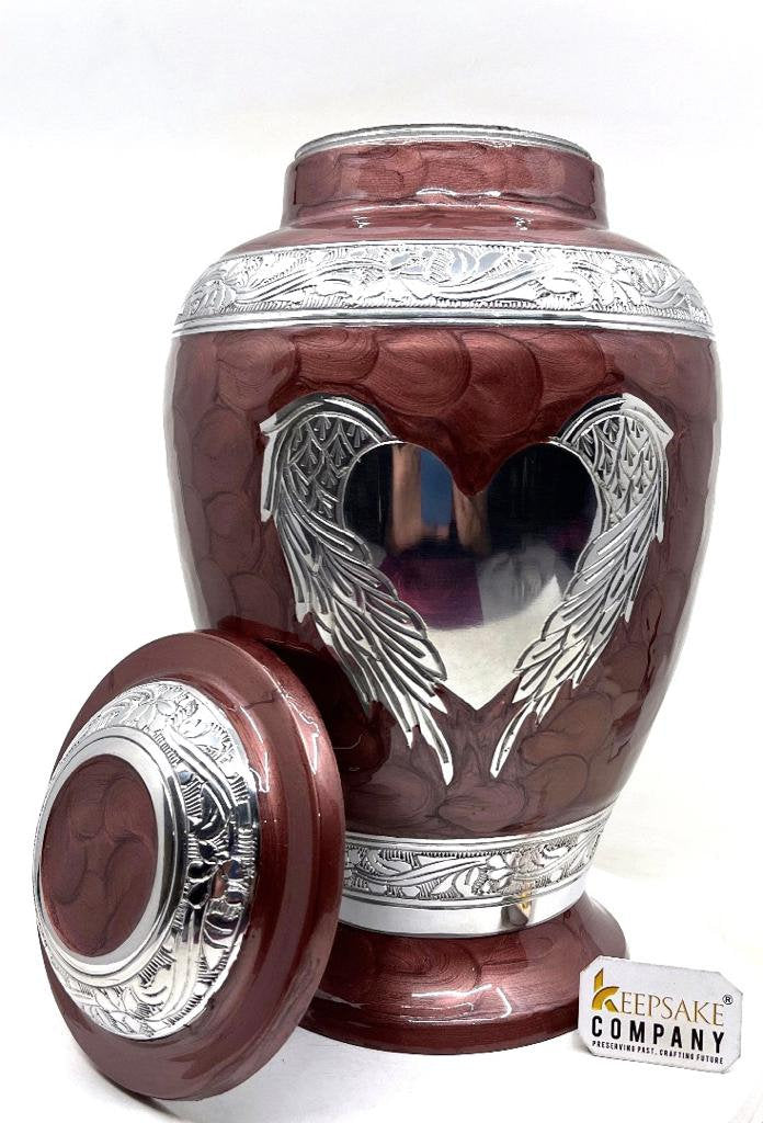 Keepsake Company's Dark Brown Enameled Adult cremation Urn with Angel Wing and Heart design