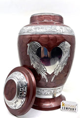 Keepsake Company's Dark Brown Enameled Adult cremation Urn with Angel Wing and Heart design