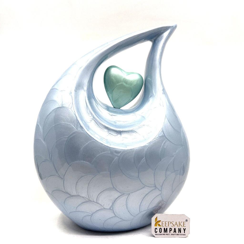 Keepsake Company's Light Blue Pearl teardrop Enamel Adult Cremation Urn with Green Heart For Human Ashes