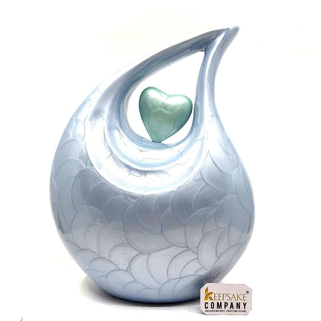 Keepsake Company's Light Blue Pearl teardrop Enamel Adult Cremation Urn with Green Heart For Human Ashes