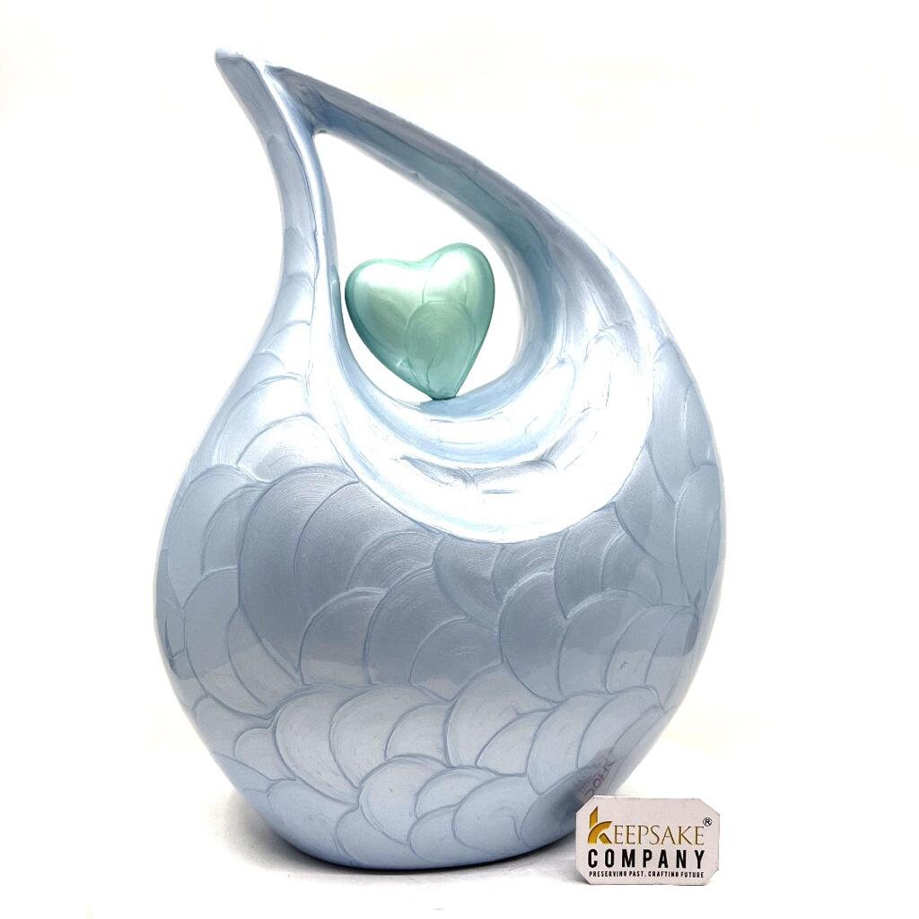 Keepsake Company's Light Blue Pearl teardrop Enamel Adult Cremation Urn with Green Heart For Human Ashes