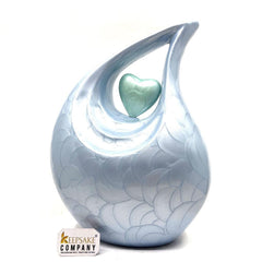 Keepsake Company's Light Blue Pearl teardrop Enamel Adult Cremation Urn with Green Heart For Human Ashes