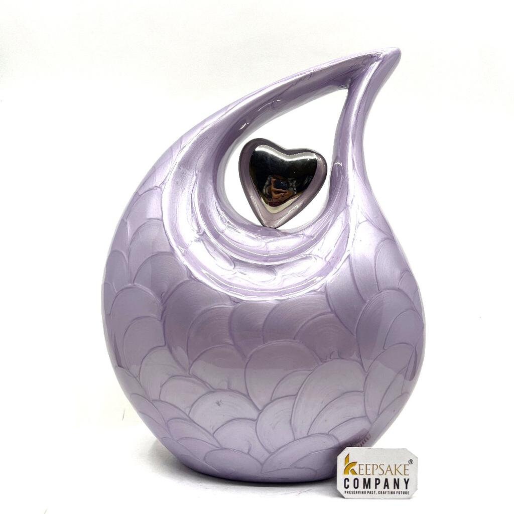 Keepsake Company's  Pearl Purple Enamel  Adult teardrop Cremation Urn with  sterling silver plated heart for human Ashes
