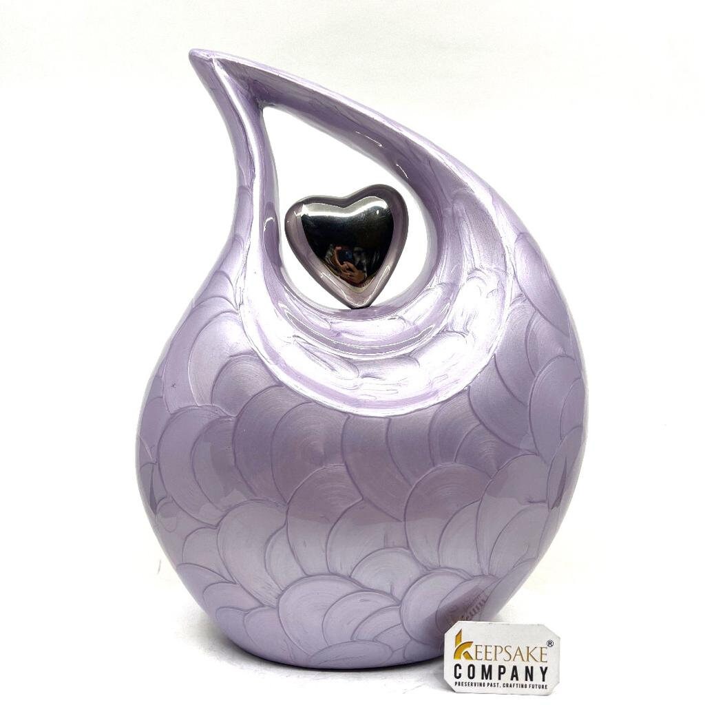 Keepsake Company's  Pearl Purple Enamel  Adult teardrop Cremation Urn with  sterling silver plated heart for human Ashes