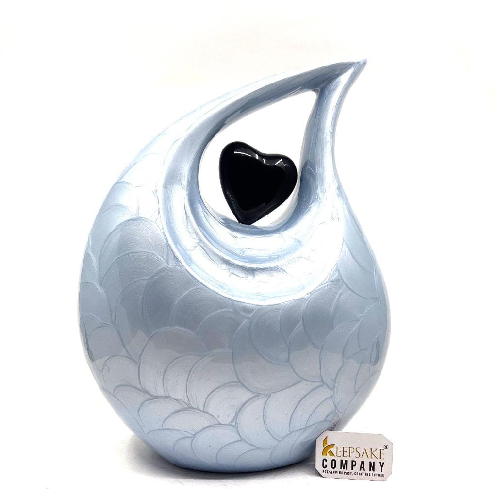 Keepsake Company's Pearl light Blue Enamel Adult teardrop Cremation Urn with Black heart For Human Ashes