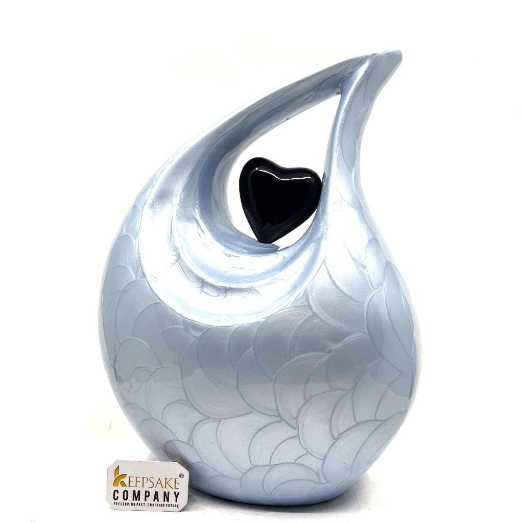 Keepsake Company's Pearl light Blue Enamel Adult teardrop Cremation Urn with Black heart For Human Ashes