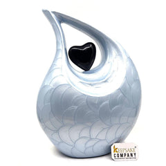 Keepsake Company's Pearl light Blue Enamel Adult teardrop Cremation Urn with Black heart For Human Ashes