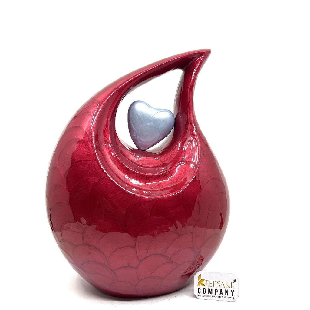 Keepsake Company's red Pearl Enamel teardrop Adult teardrop Cremation Urn with sky Blue heart For Human Ashes