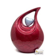 Keepsake Company's red Pearl Enamel teardrop Adult teardrop Cremation Urn with sky Blue heart For Human Ashes