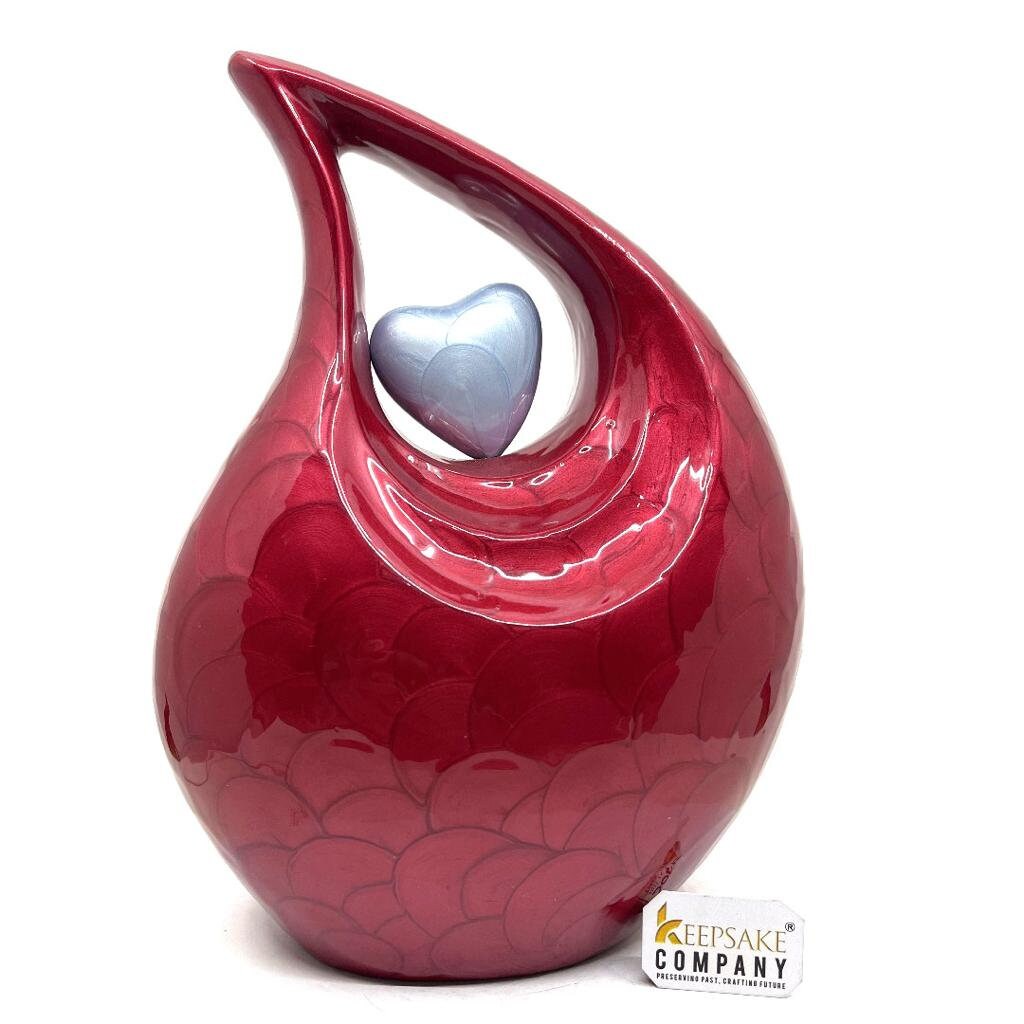 Keepsake Company's red Pearl Enamel teardrop Adult teardrop Cremation Urn with sky Blue heart For Human Ashes