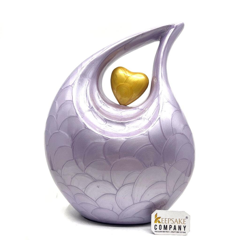 Keepsake Company's Purple Pearl teardrop Enamel Adult Cremation Urn with Golden/ Pale Enamel Heart For Human Ashes