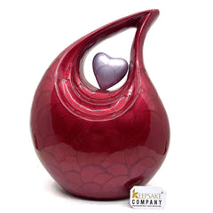 Red Pearl Enamel Adult teardrop Cremation Urn with Lavender heart, Urns for Ashes, Urns for Humans, Ashes Keepsakes, Decorative Urns