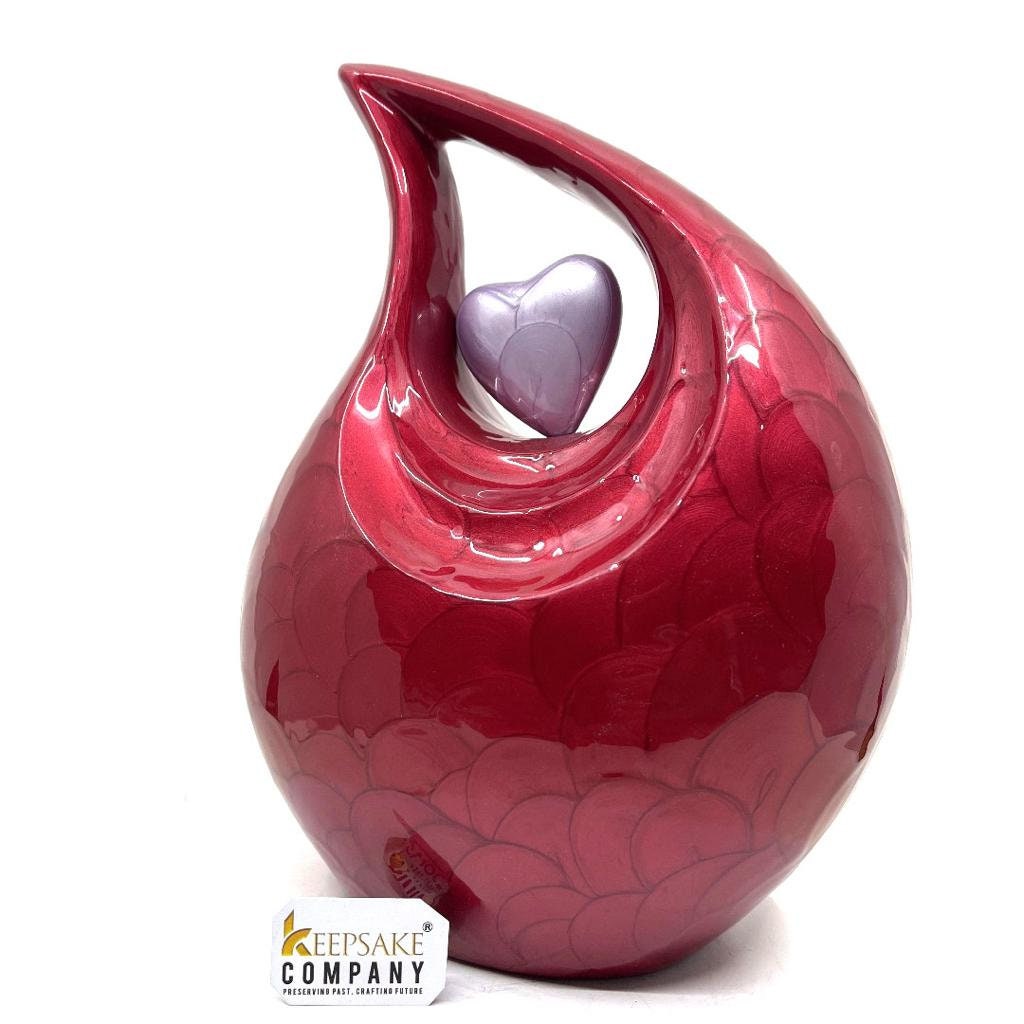 Red Pearl Enamel Adult teardrop Cremation Urn with Lavender heart, Urns for Ashes, Urns for Humans, Ashes Keepsakes, Decorative Urns