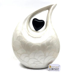 White teardrop  Cremation Urn with Black Heart for Ashes - Urn for Human Ashes - Memorial Urtn - Ash Urn- Funeral Urn - Keepsake Urn