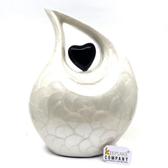 White teardrop  Cremation Urn with Black Heart for Ashes - Urn for Human Ashes - Memorial Urtn - Ash Urn- Funeral Urn - Keepsake Urn