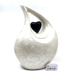 White teardrop  Cremation Urn with Black Heart for Ashes - Urn for Human Ashes - Memorial Urtn - Ash Urn- Funeral Urn - Keepsake Urn