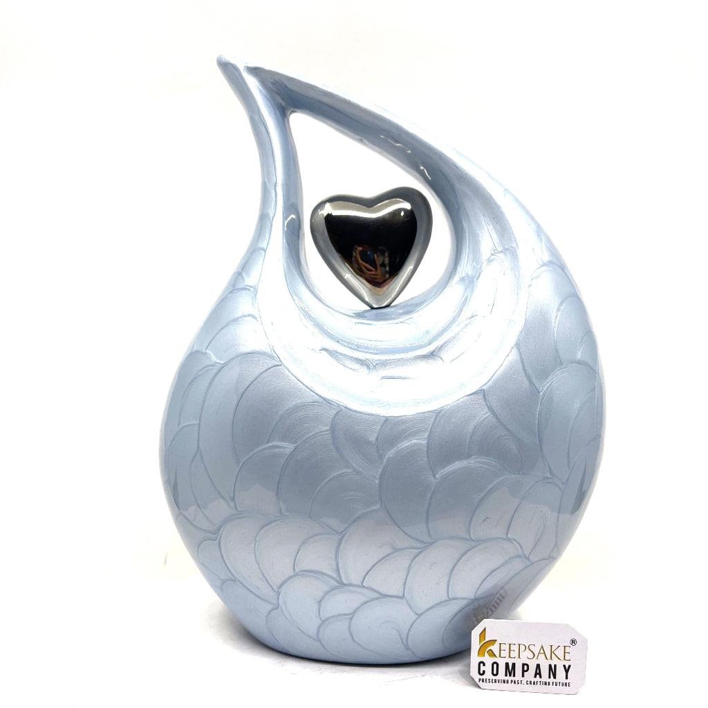 Keepsake Company's  Pearl LIght Blue Enamel  Adult teardrop Cremation Urn with Silver brass heart For Human Ashes