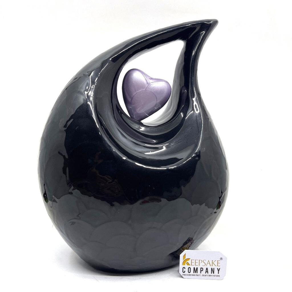 Keepsake Company's Jade Black Pearl Enamel Teardrop Adult Cremation Urn with Lavender Heart  For Human Ashes perfect for Adults.