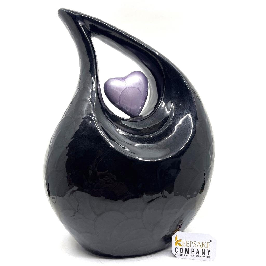 Keepsake Company's Jade Black Pearl Enamel Teardrop Adult Cremation Urn with Lavender Heart  For Human Ashes perfect for Adults.