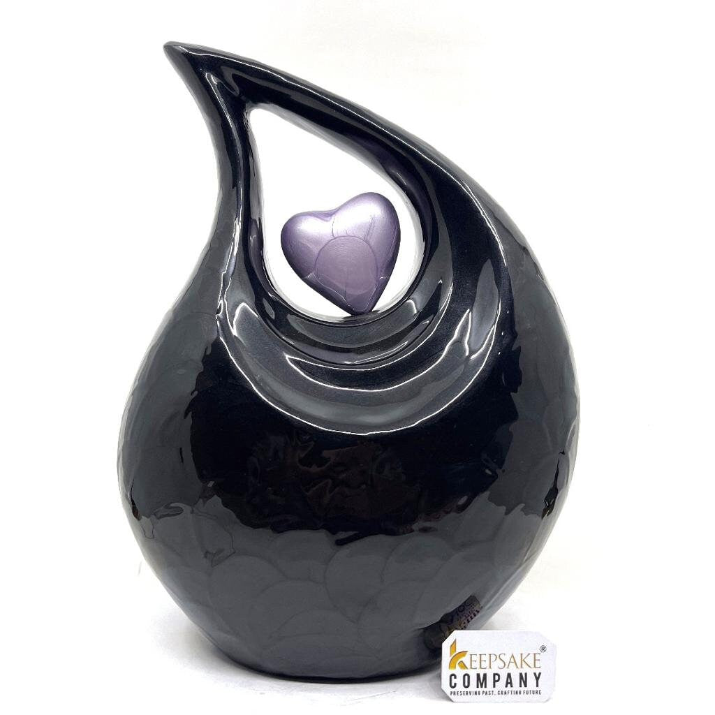 Keepsake Company's Jade Black Pearl Enamel Teardrop Adult Cremation Urn with Lavender Heart  For Human Ashes perfect for Adults.