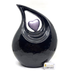 Keepsake Company's Jade Black Pearl Enamel Teardrop Adult Cremation Urn with Lavender Heart  For Human Ashes perfect for Adults.