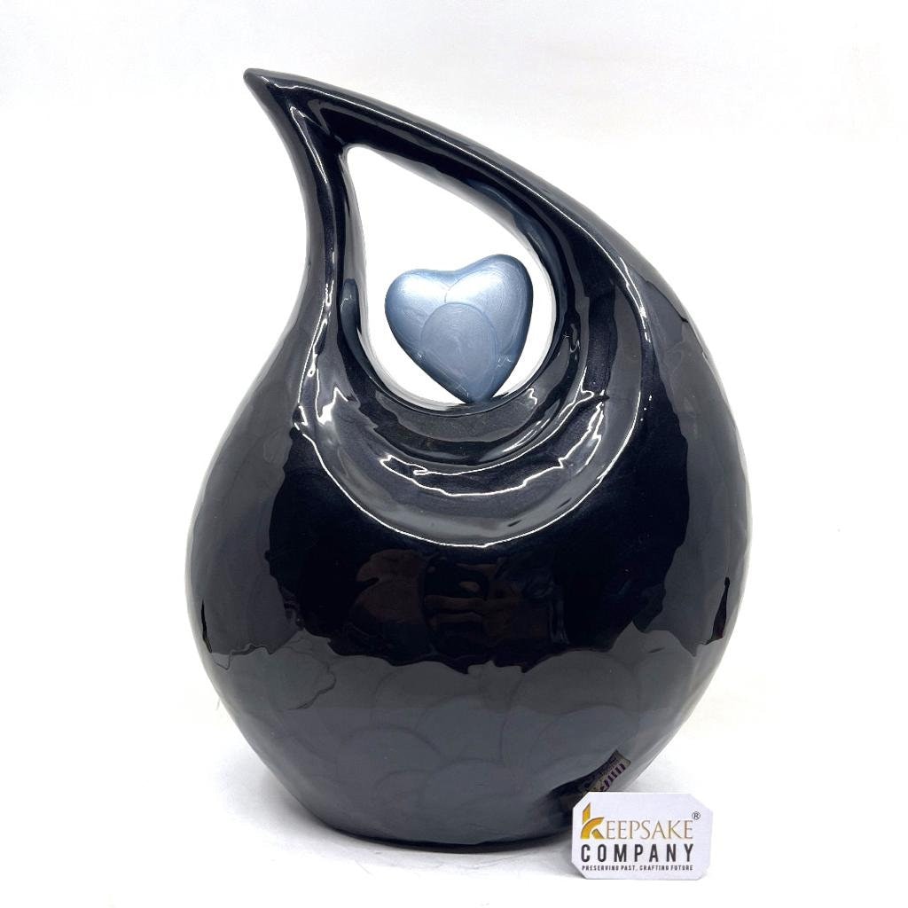 Keepsake Company's Jade Black Pearl Enamel Teardrop Adult Cremation Urn with Sky Blue Heart  For Human Ashes perfect for Adults.