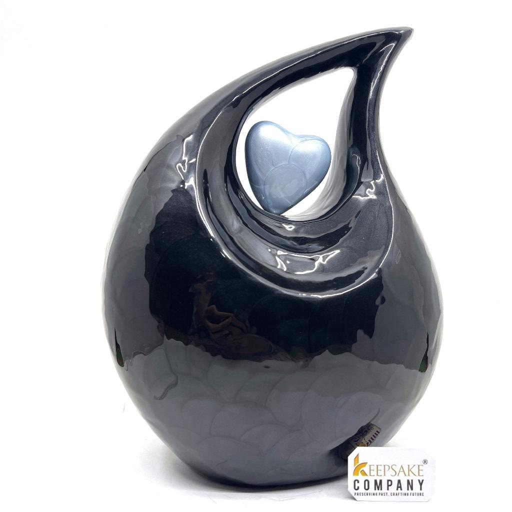 Keepsake Company's Jade Black Pearl Enamel Teardrop Adult Cremation Urn with Sky Blue Heart  For Human Ashes perfect for Adults.