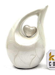 Pearl White teardrop Mini Cremation Urn with White Heart (Small Urns for Human Ashes / Mini Urns for Human Ashes) from Keepsake Company