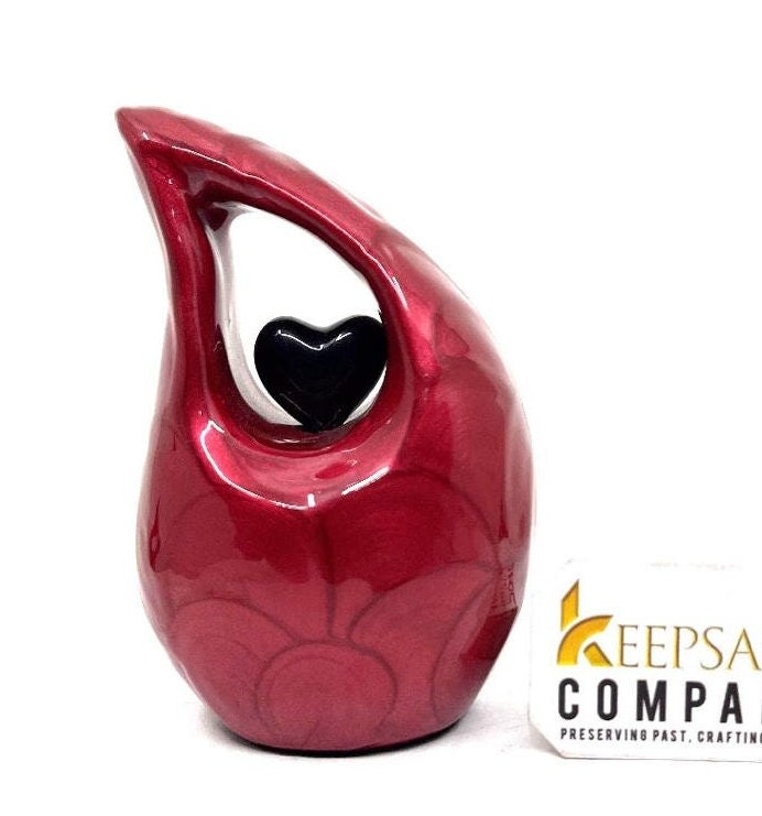 Keepsake Company's Pearl Red teardrop mini Cremation Urn with Black Heart for Human Ashes - Perfect for Adult and Infants