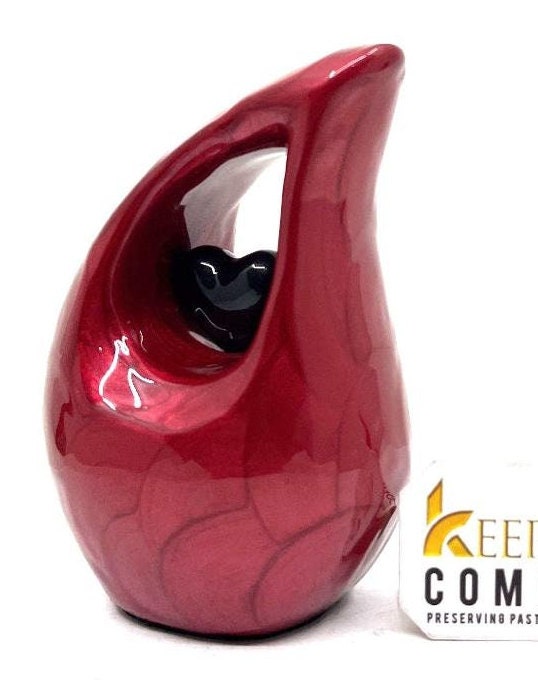 Keepsake Company's Pearl Red teardrop mini Cremation Urn with Black Heart for Human Ashes - Perfect for Adult and Infants