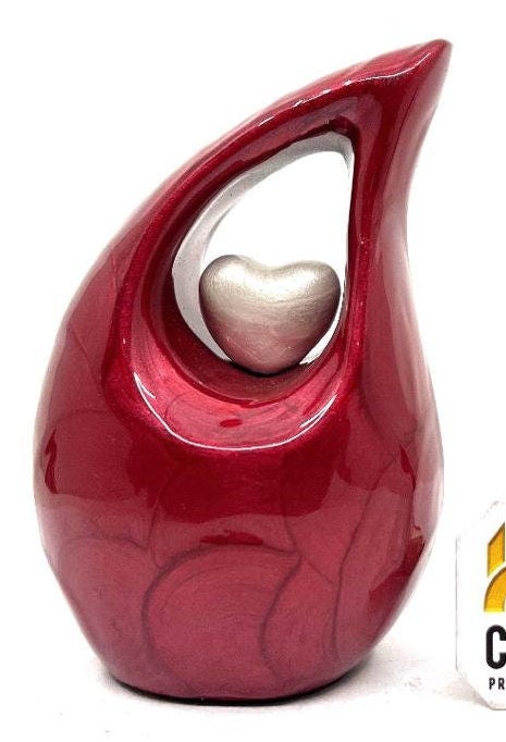 Pearl Red teardrop mini Cremation Urn with White Heart for Human Ashes - Perfect for Adult and Infants from Keepsake Company