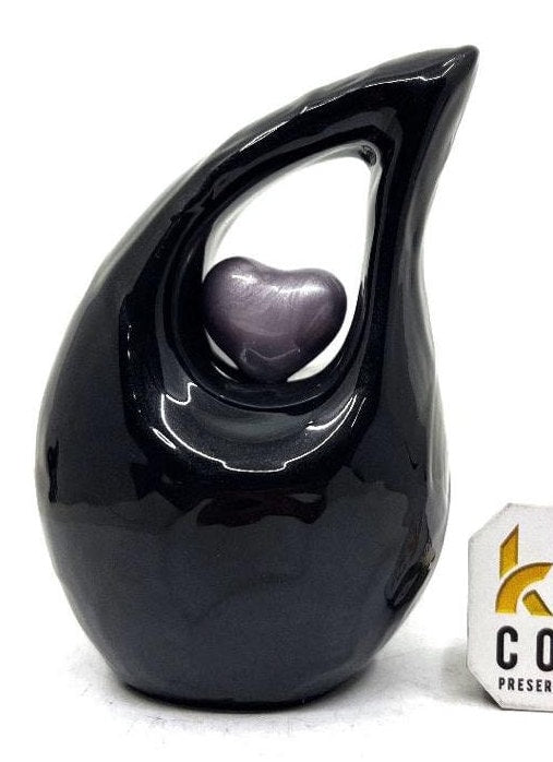 Black teardrop mini Cremation Urn with Purple Heart for Human Ashes - Perfect for Adult and Infants from Keepsake Company