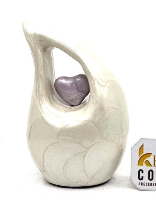 Pearl white teardrop mini Cremation Urn with Purple Heart - Small Urn For Ashes - Miniature Keepsake Urn - Funeral Urn - Memorial Urn