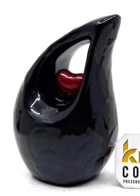 Keepsake Company's Black  teardrop mini Cremation Urn with Red Heart for Human Ashes - Perfect for Adult and Infants