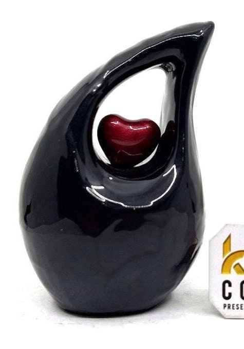 Keepsake Company's Black  teardrop mini Cremation Urn with Red Heart for Human Ashes - Perfect for Adult and Infants