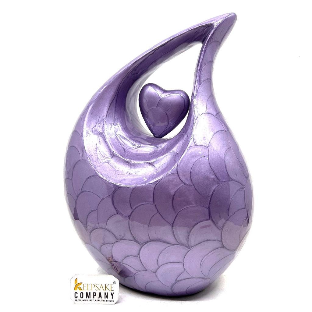 Keepsake Company's Dark Purple Pearl teardrop Enamel Adult Cremation Urn with Purple Heart For Human Ashes