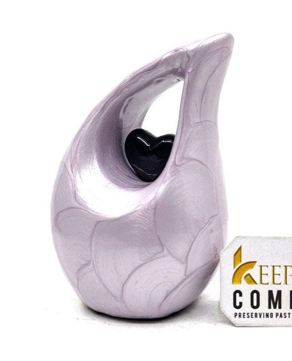 Keepsake Company's Pearl Purple teardrop mini Cremation Urn with Black Heart for Human Ashes - Perfect for Adult and Infants