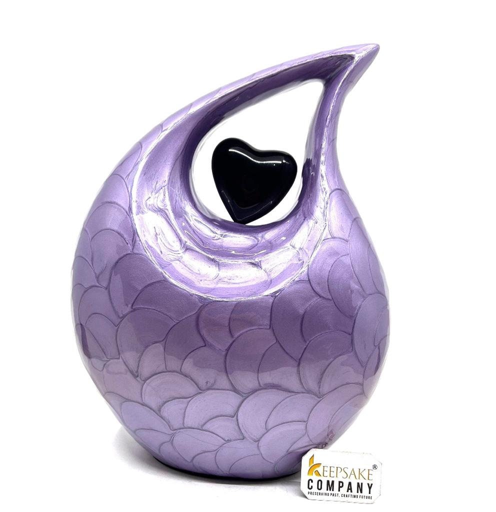 Keepsake Company's Dark Purple Pearl teardrop Enamel Adult Cremation Urn with shining Black Heart For Human Ashes