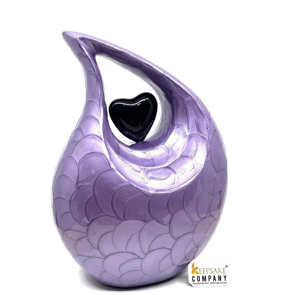 Keepsake Company's Dark Purple Pearl teardrop Enamel Adult Cremation Urn with shining Black Heart For Human Ashes