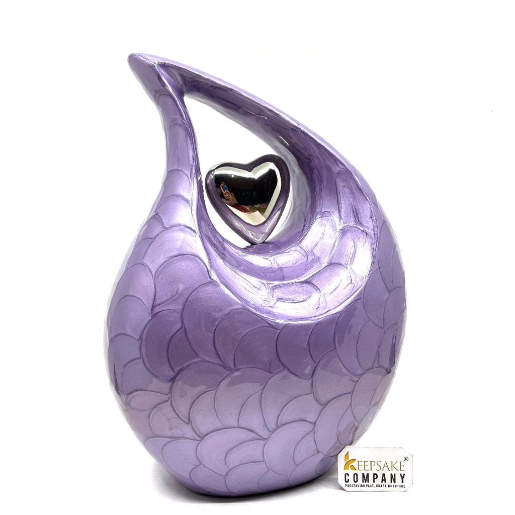 Keepsake Company's Dark Purple Pearl teardrop Enamel Adult Cremation Urn with shining Silver color  Heart For Human Ashes