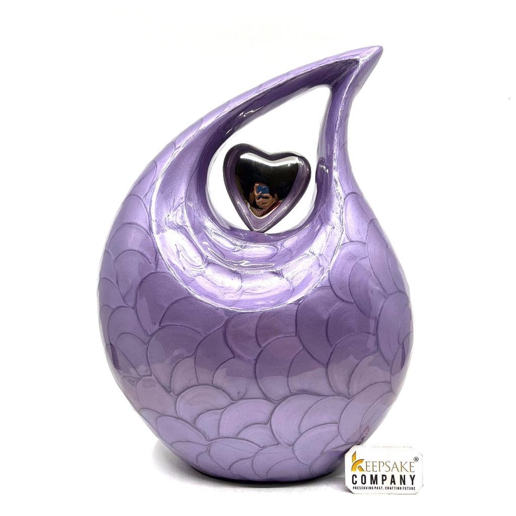 Keepsake Company's Dark Purple Pearl teardrop Enamel Adult Cremation Urn with shining Silver color  Heart For Human Ashes