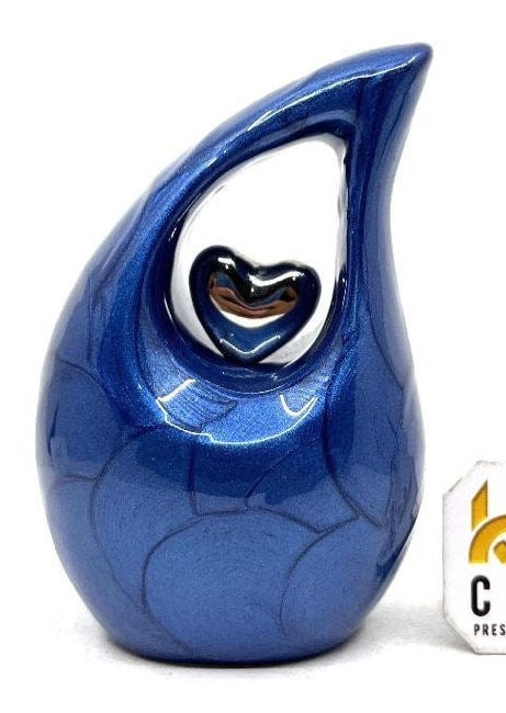 Blue teardrop mini Cremation Urn with silver plated Heart for Human Ashes - Perfect for Adult and Infants