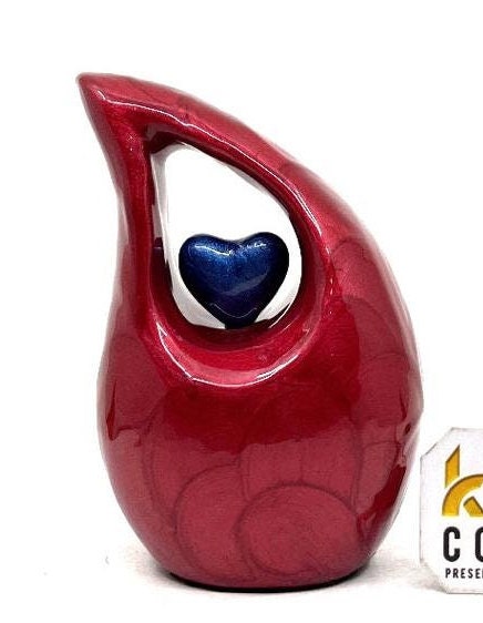 Red teardrop mini Cremation Urn with Dark Blue Heart for Human Ashes - Perfect for Adult and Infants